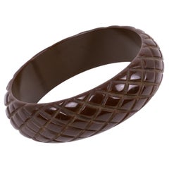 Bakelite Bracelet Bangle Cocoa Brown with Pineapple Carving