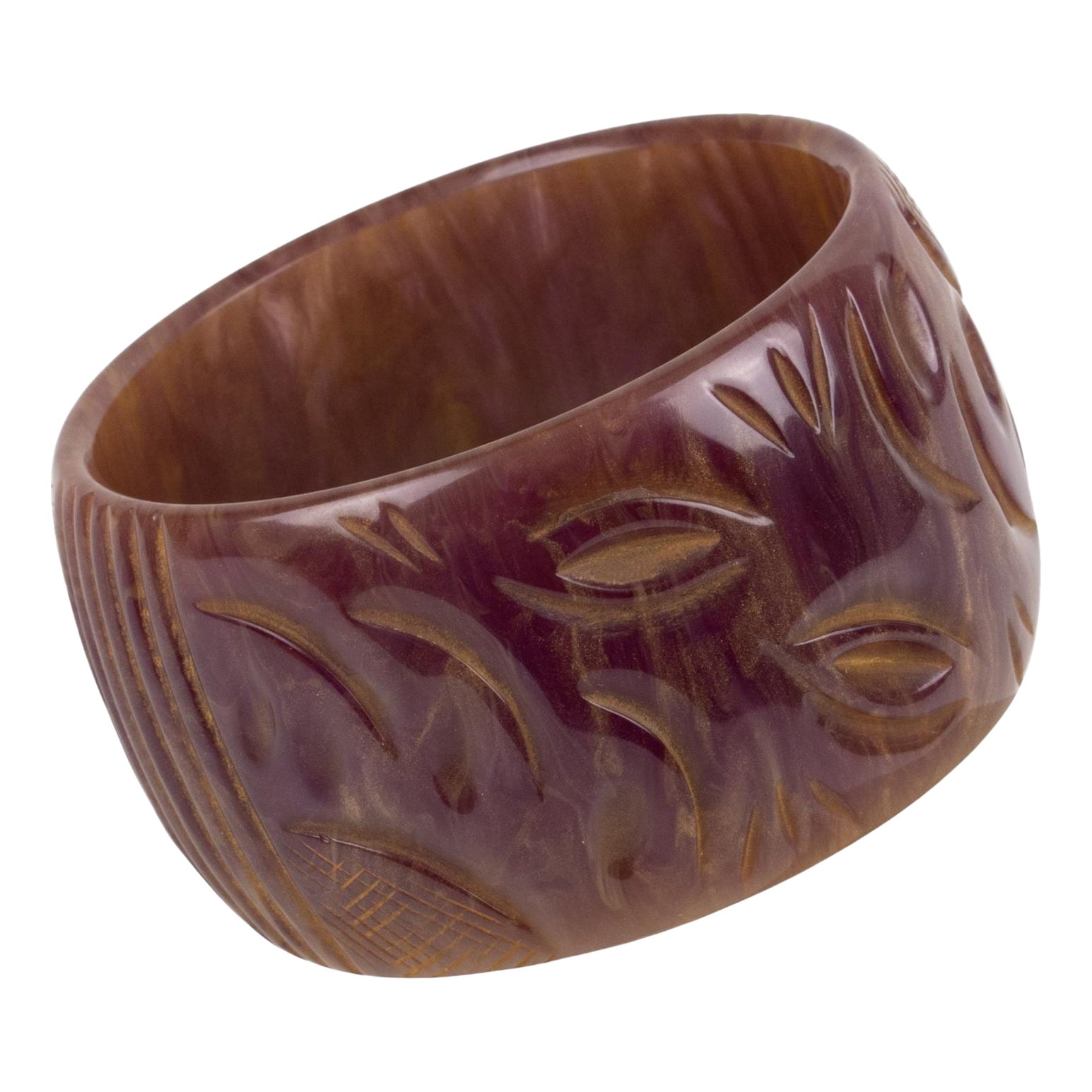 Pulsera brazalete de baquelita en polvo de estrellas morado con talla