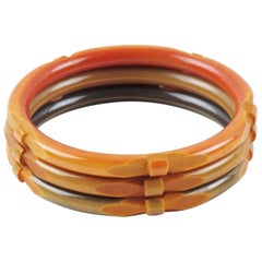 Bakelite Bracelet Bangle Spacer Deep Carved Washed Orange Color set 3 pieces