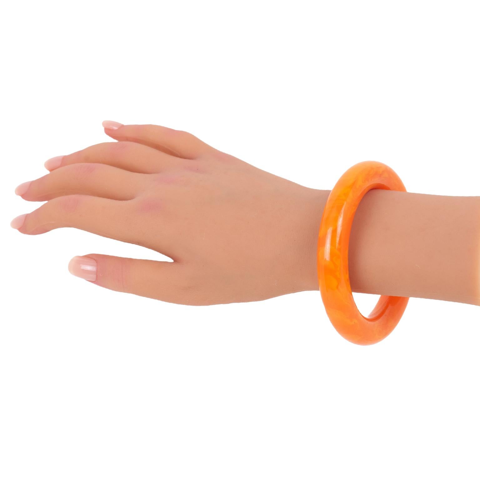 Women's or Men's Bakelite Bracelet Bangle Tangerine Orange Marble For Sale