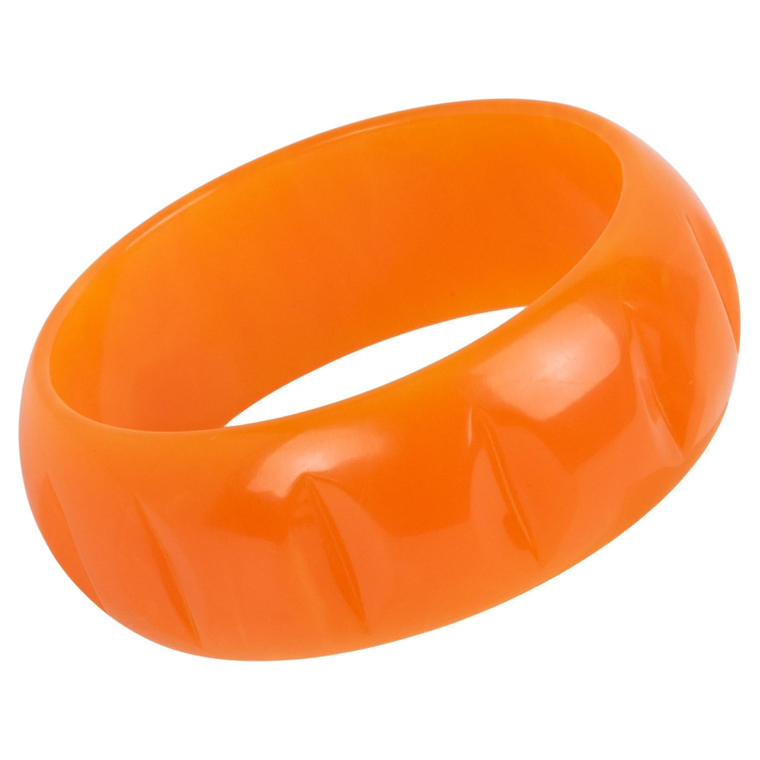 Bakelite Bracelet Carved Bangle Orange Tangerine Marble For Sale
