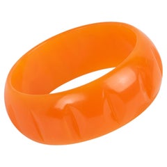 Bakelite Bracelet Carved Bangle Orange Tangerine Marble