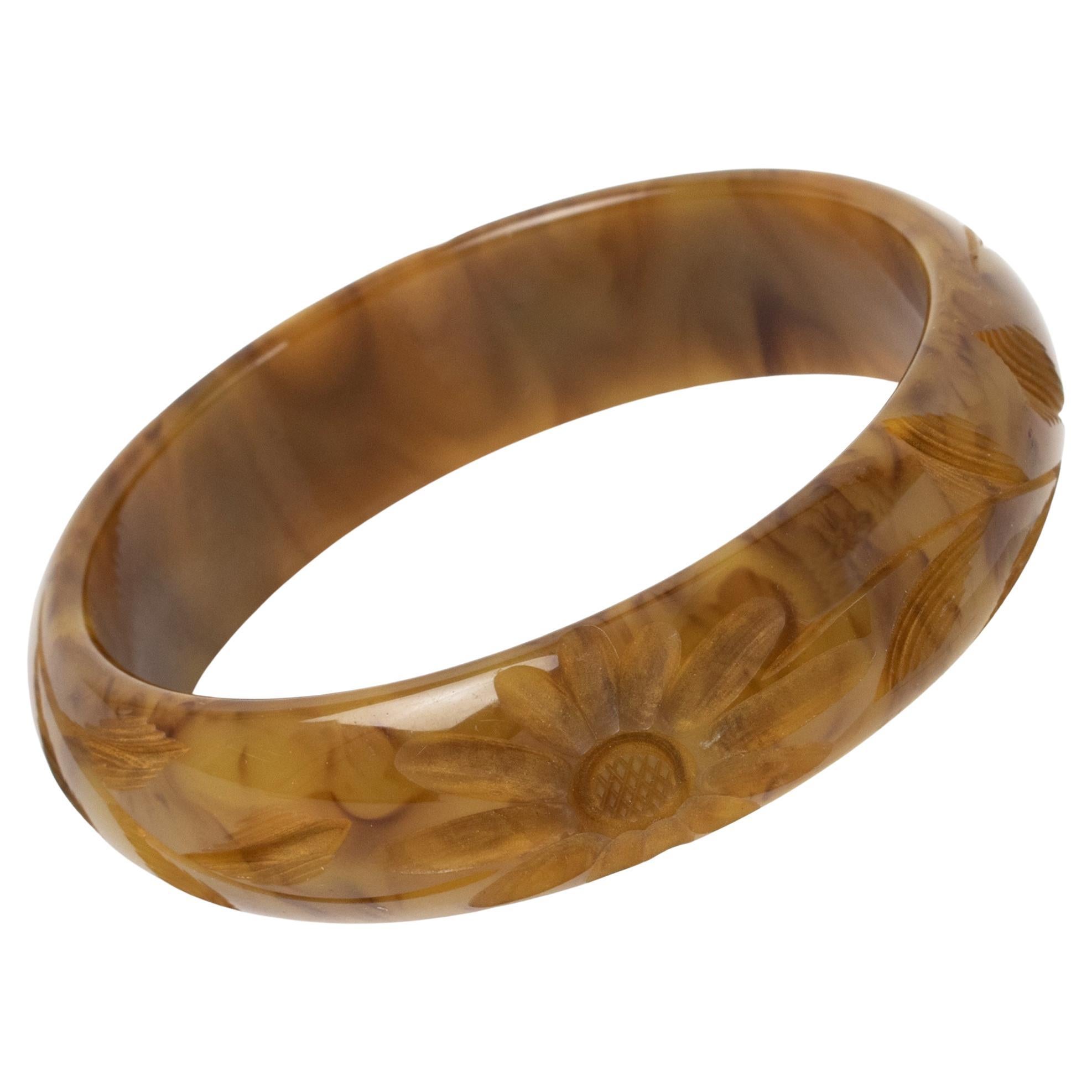 Bakelite Bracelet Carved Bangle Toffee and Custard Marble