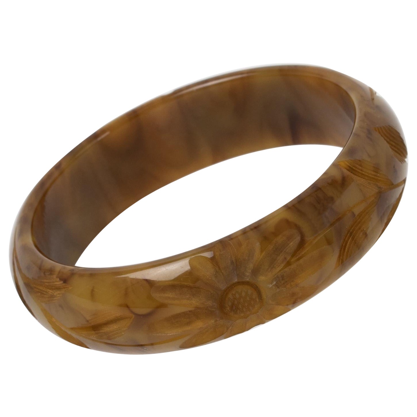 Bakelite Bracelet Carved Bangle Yellow and Beige Marble
