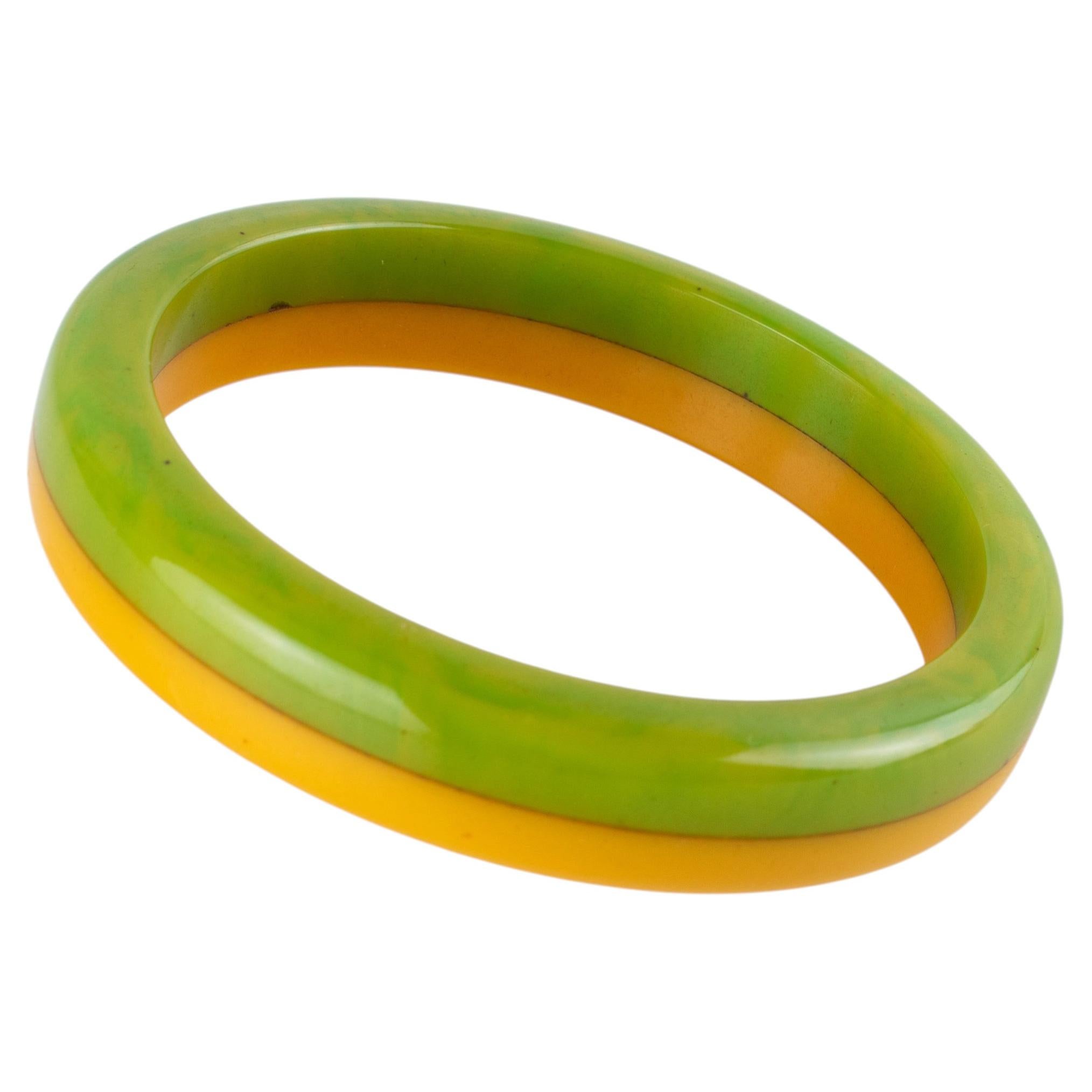 Bakelite Bracelet Laminated Bangle Butterscotch and Apple Green For Sale