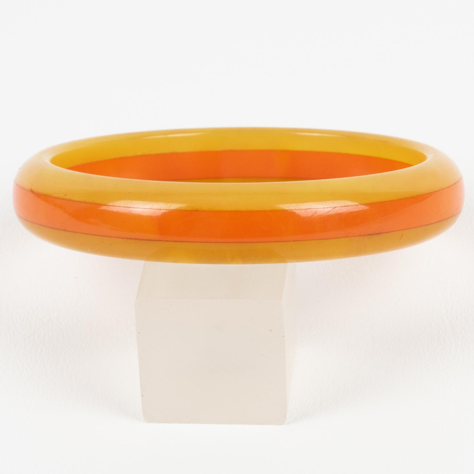 Art Deco Bakelite Bracelet Laminated Bangle Yellow and Orange Marble For Sale