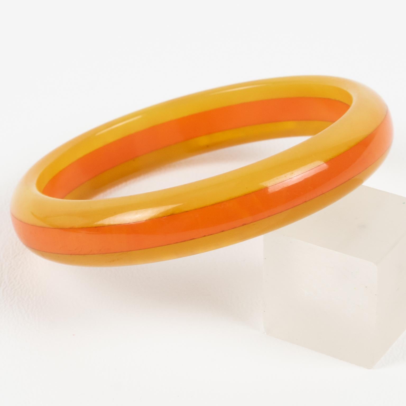 Women's or Men's Bakelite Bracelet Laminated Bangle Yellow and Orange Marble For Sale
