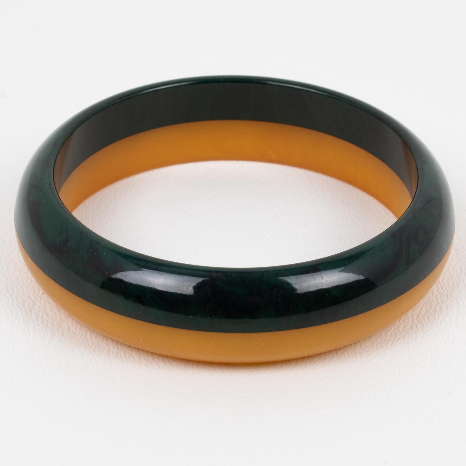 Art Deco Bakelite Bracelet Laminated Layers Bangle Butterscotch and Green Marble For Sale