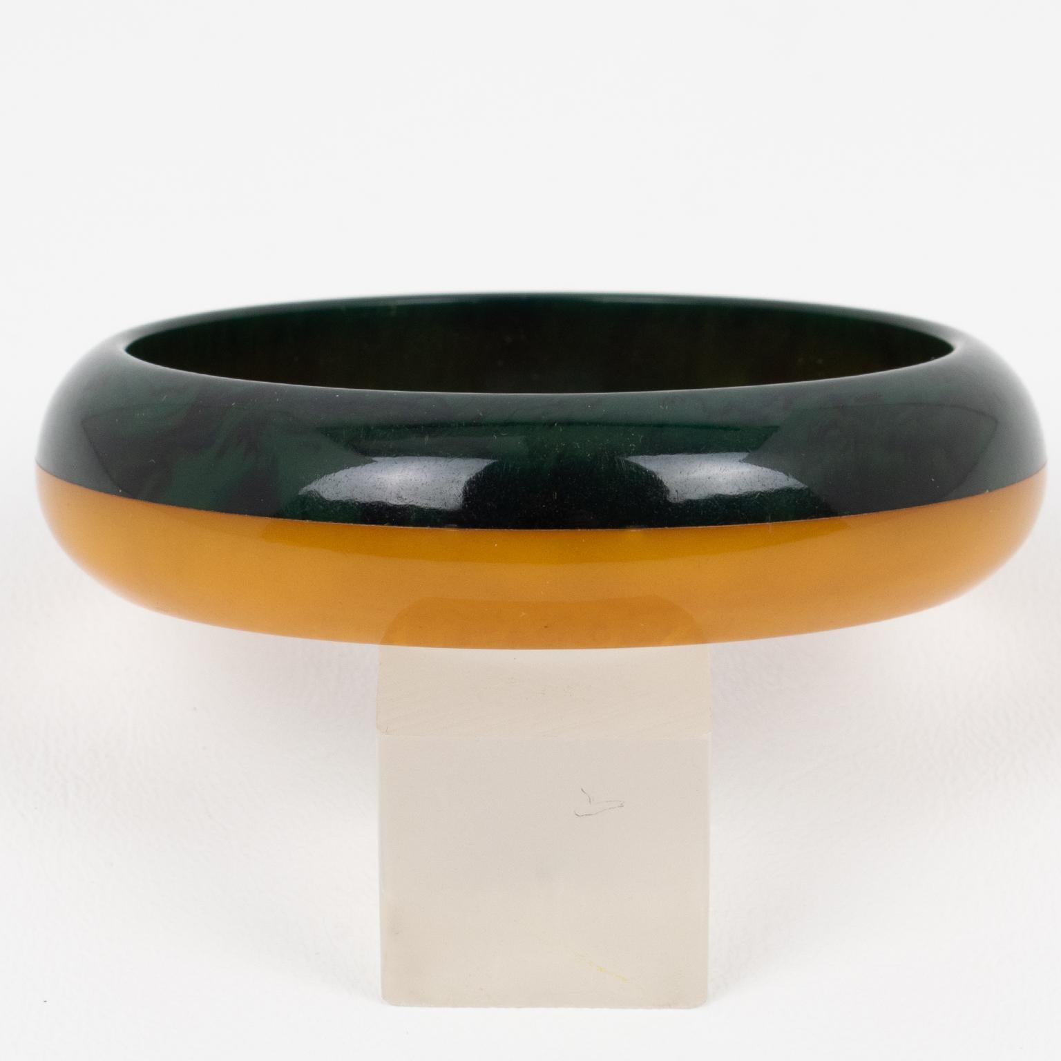 Women's or Men's Bakelite Bracelet Laminated Layers Bangle Butterscotch and Green Marble For Sale