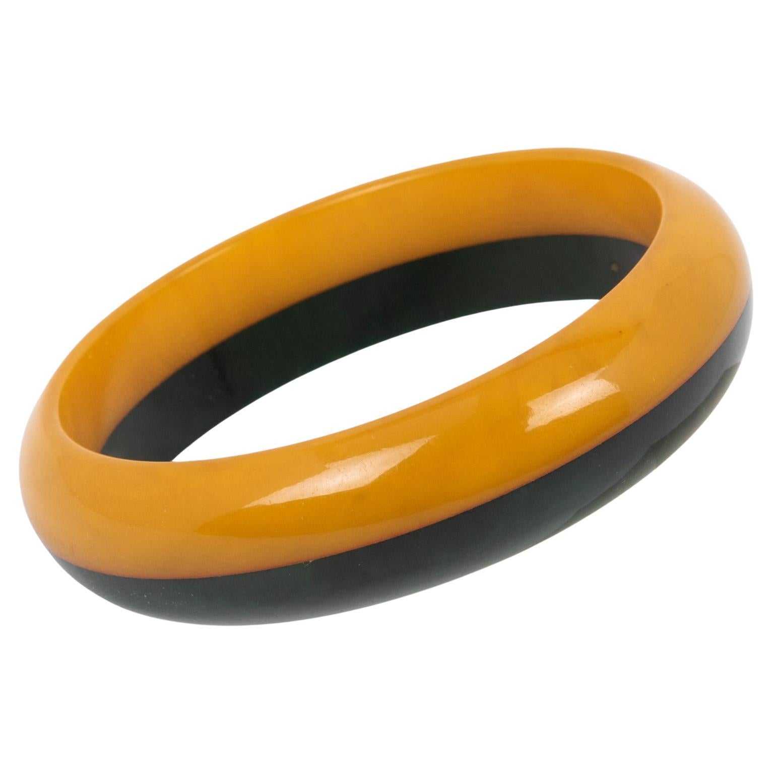 Bakelite Bracelet Laminated Layers Bangle Butterscotch and Green Marble For Sale