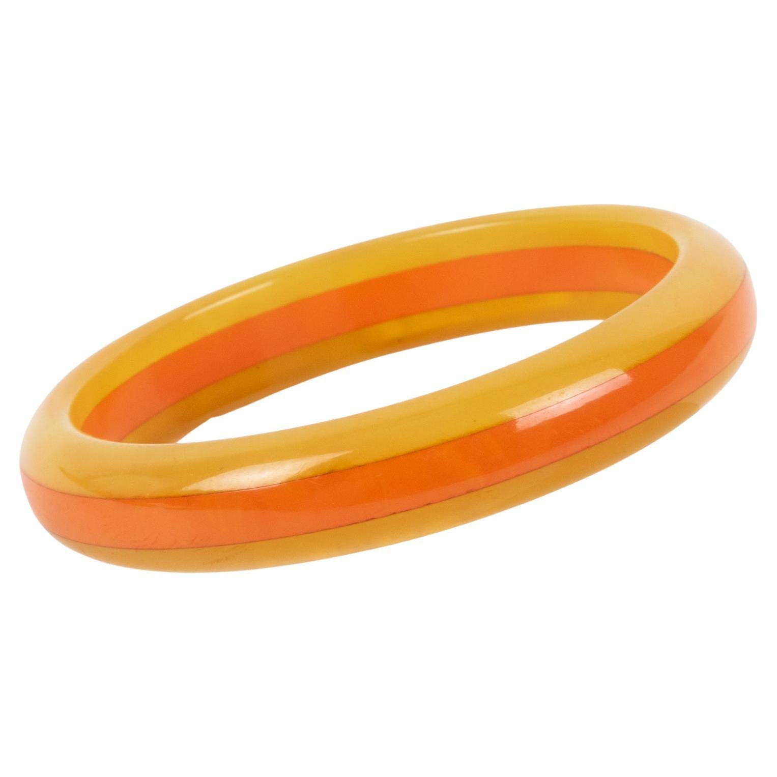 Bakelite Bracelet Laminated Multi-Layer Bangle Yellow and Orange Marble For Sale