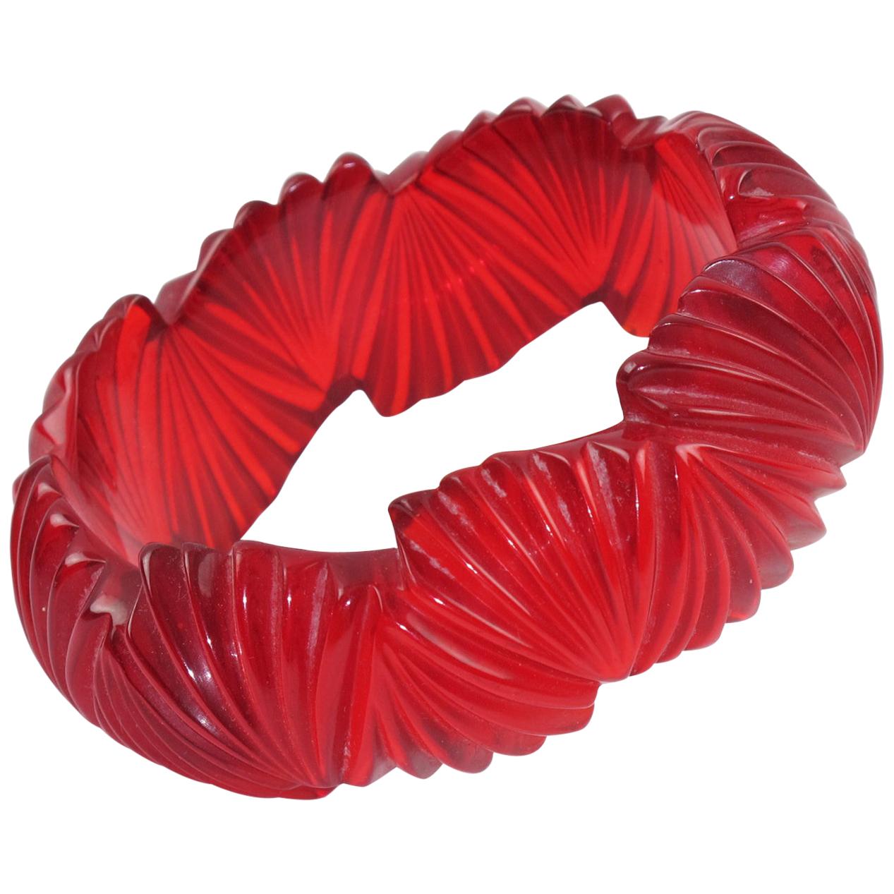 Bakelite Candy Apple Red Carved Bangle Bracelet