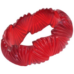 Bakelite Candy Apple Red Carved Bangle Bracelet