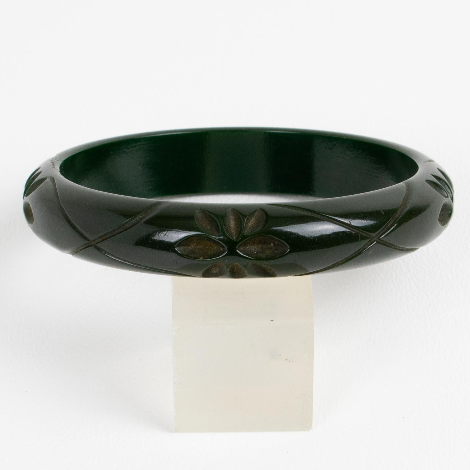 Art Deco Bakelite Carved Bracelet Bangle Army Green Color For Sale