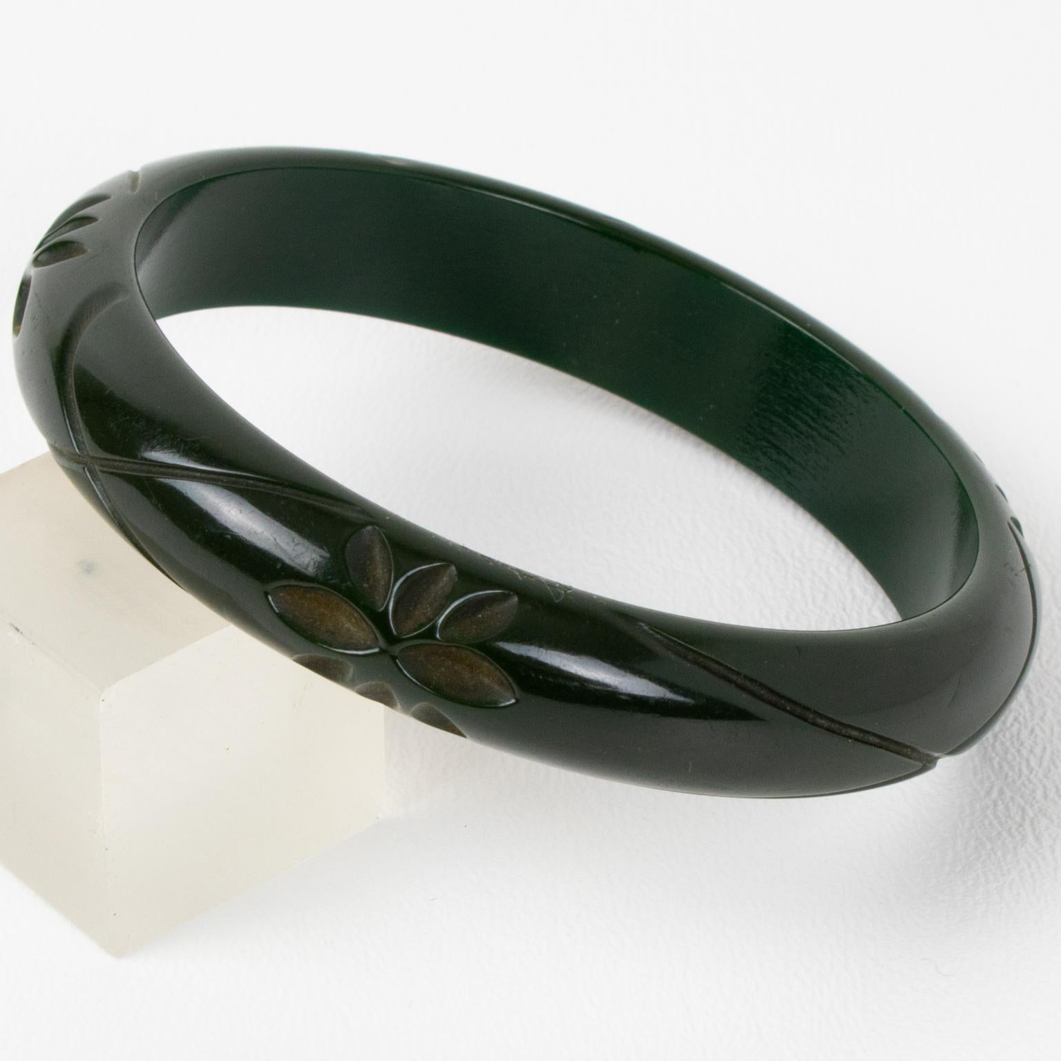Bakelite Carved Bracelet Bangle Army Green Color For Sale 3