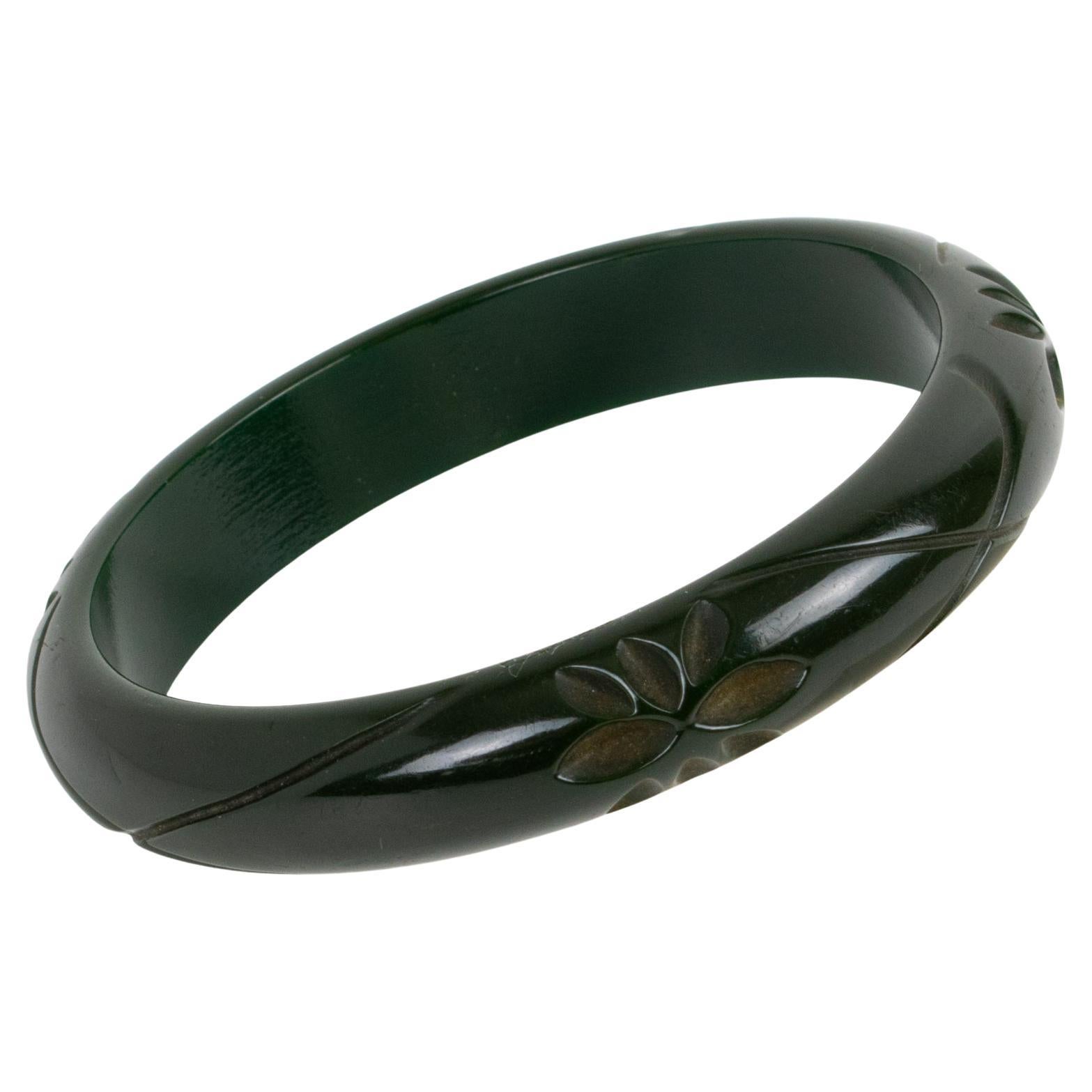 Bakelite Carved Bracelet Bangle Army Green Color For Sale