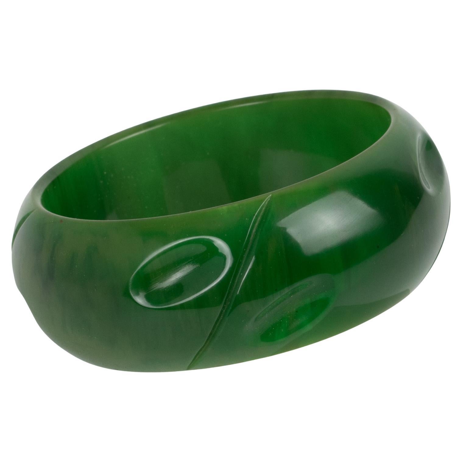 Bakelite Carved Bracelet Bangle Basil Green Marble For Sale