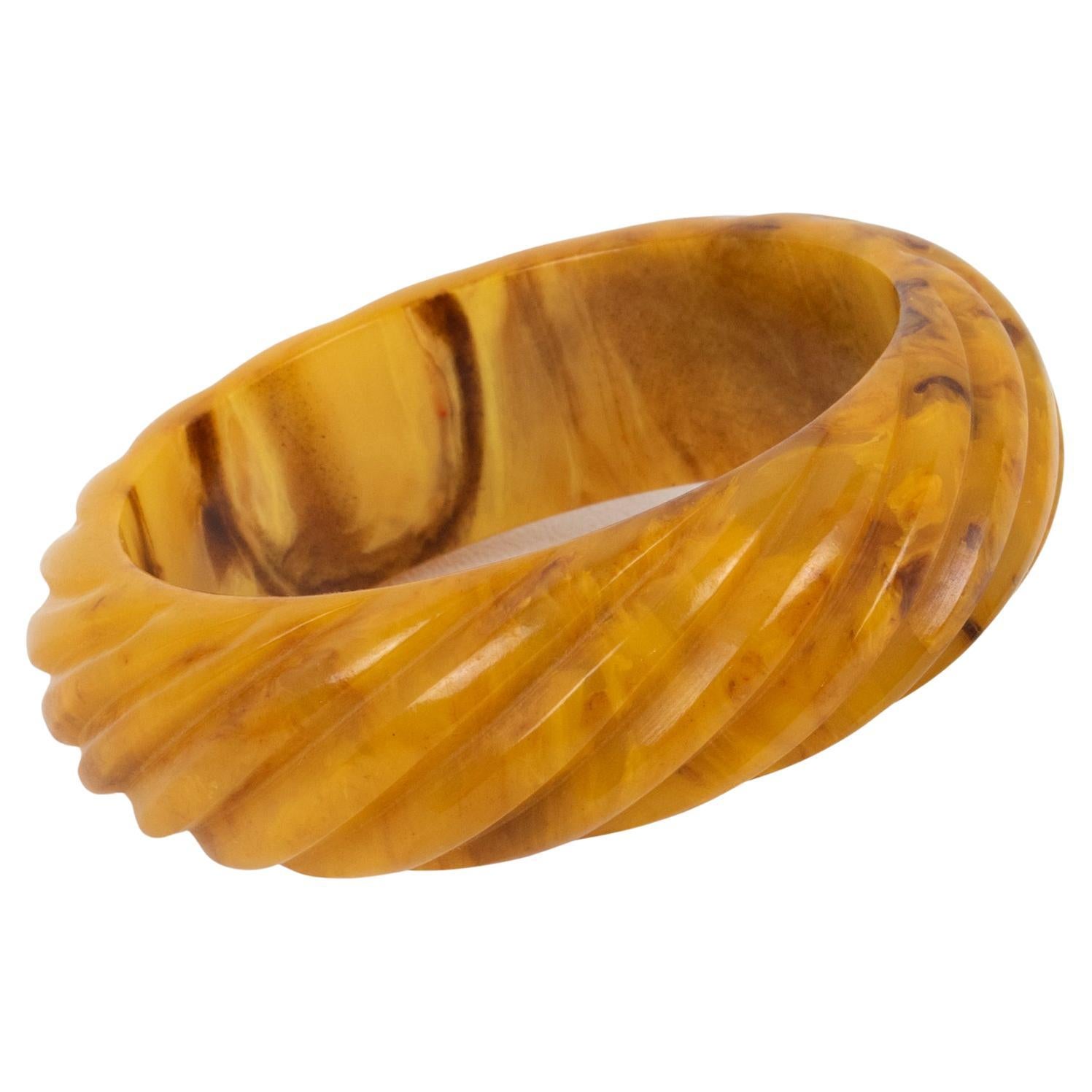 Bakelite Carved Bracelet Bangle Butterscotch and Brown Marble For Sale