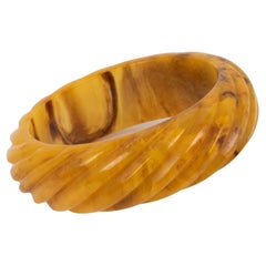 Vintage Bakelite Carved Bracelet Bangle Butterscotch and Brown Marble