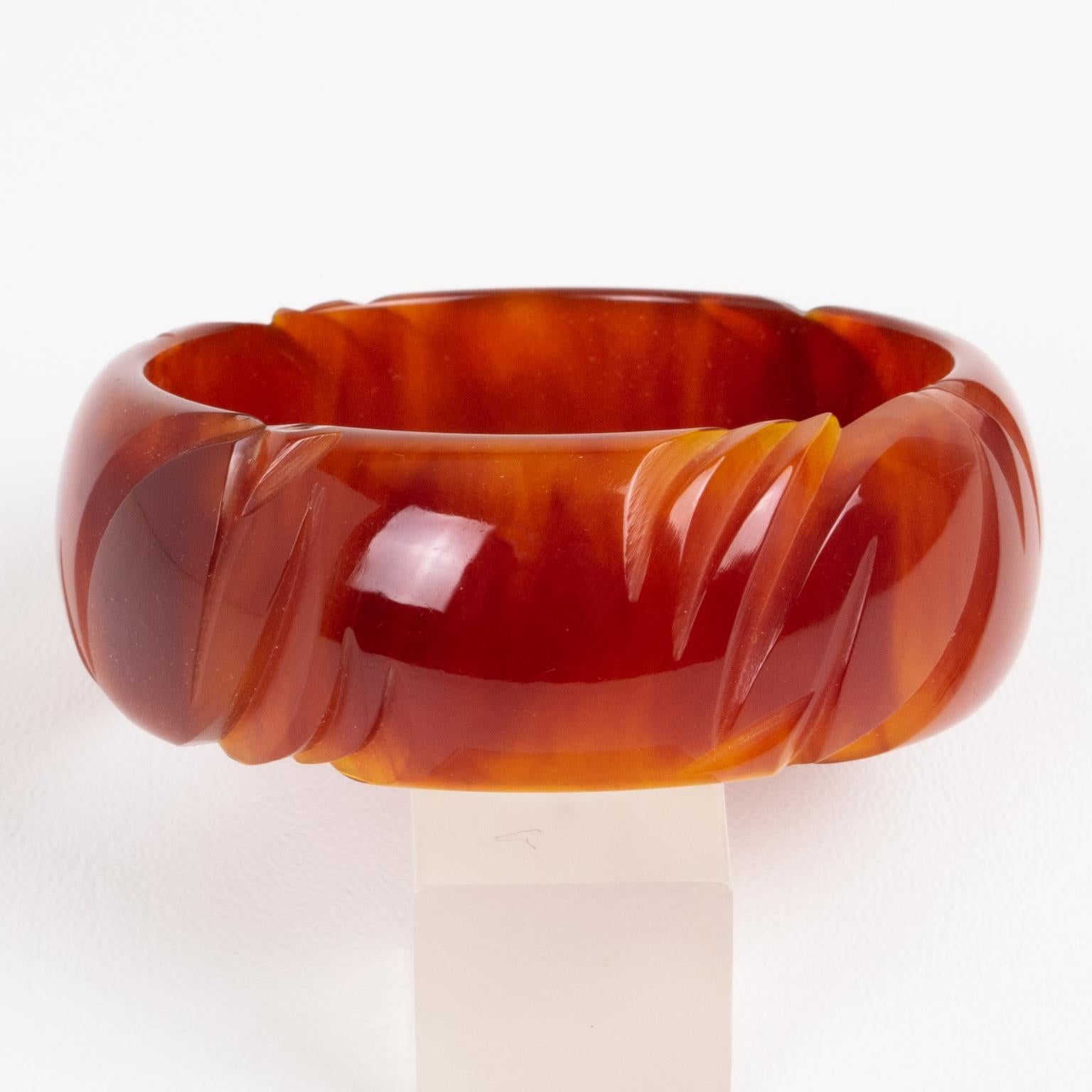 Art Deco Bakelite Carved Bracelet Bangle Caramel Amber Marble For Sale