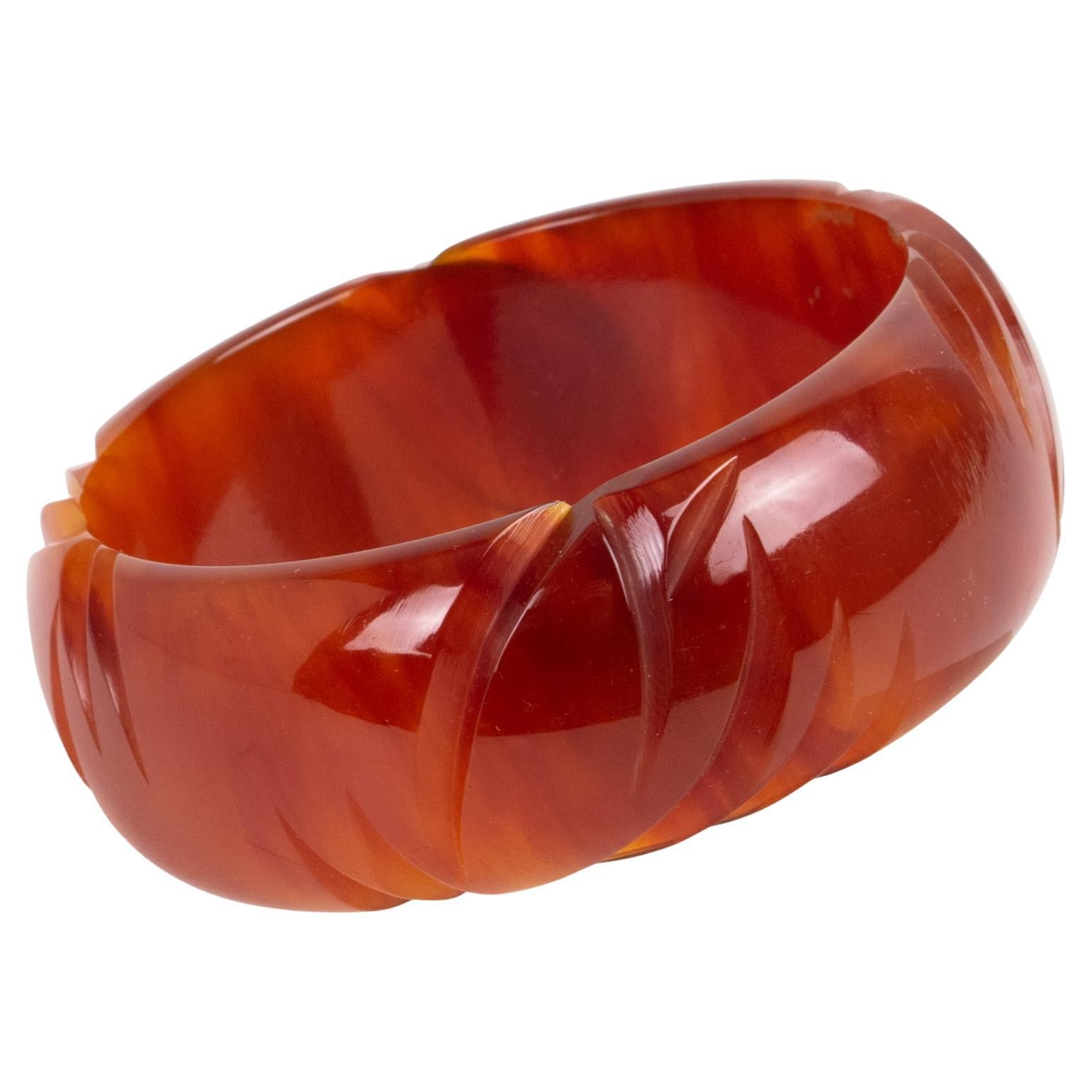 Bakelite Carved Bracelet Bangle Caramel Amber Marble For Sale