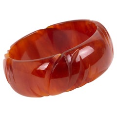 Bakelite Carved Bracelet Bangle Caramel Amber Marble