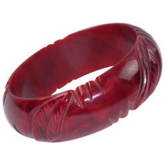 Bakelite Carved Bracelet Bangle Crimson Red