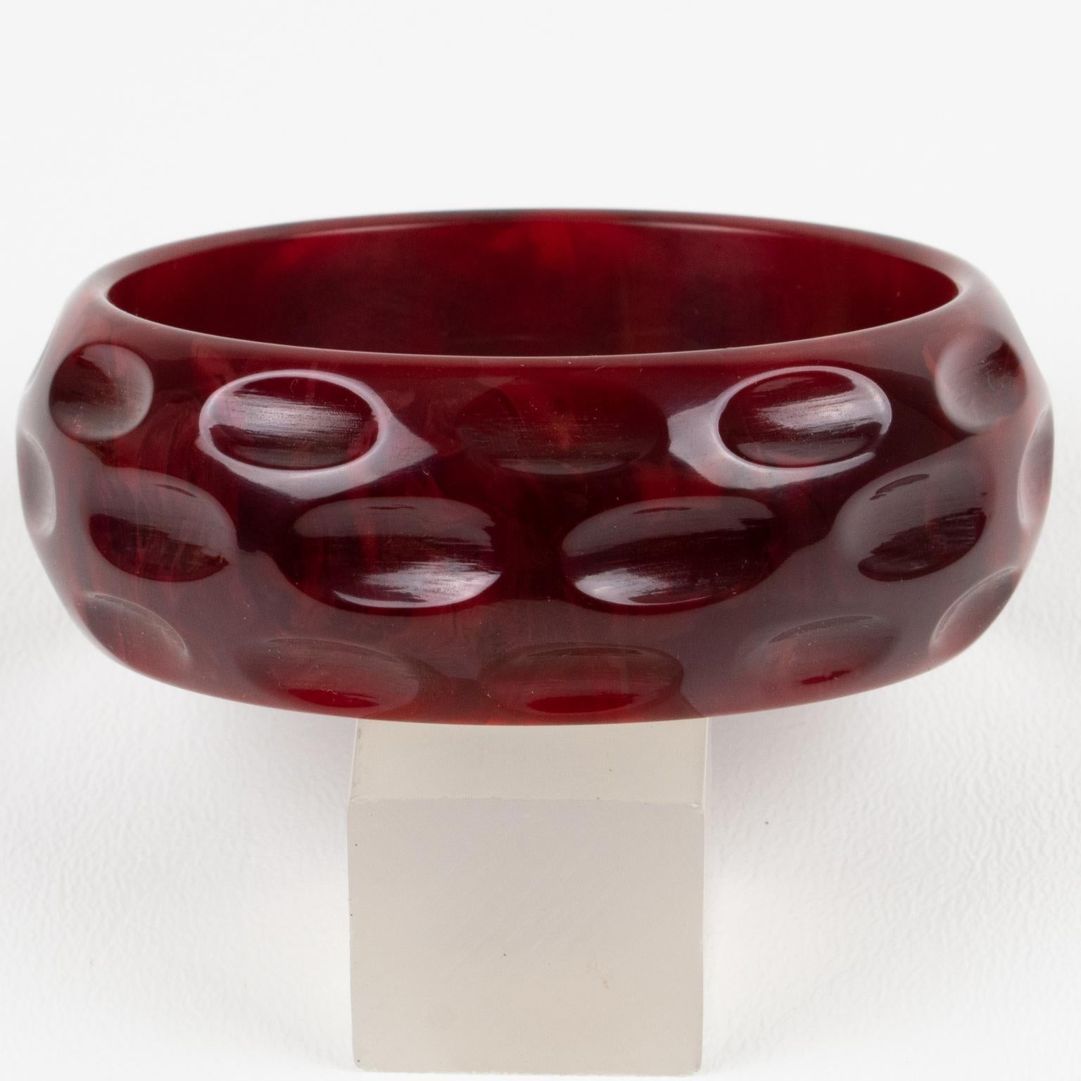 Art Deco Bakelite Carved Bracelet Bangle Crimson Red Marble For Sale