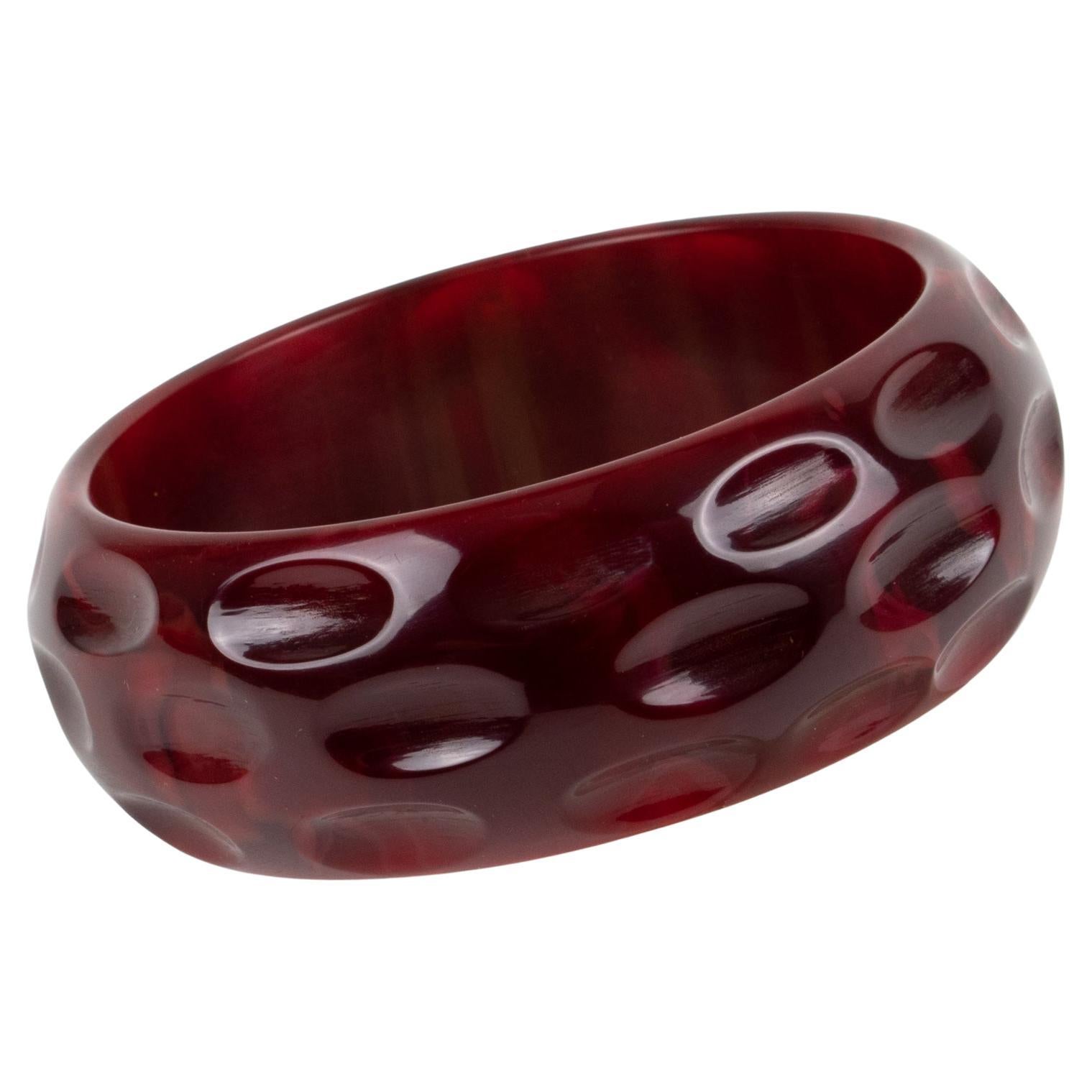 Bakelite Carved Bracelet Bangle Crimson Red Marble For Sale