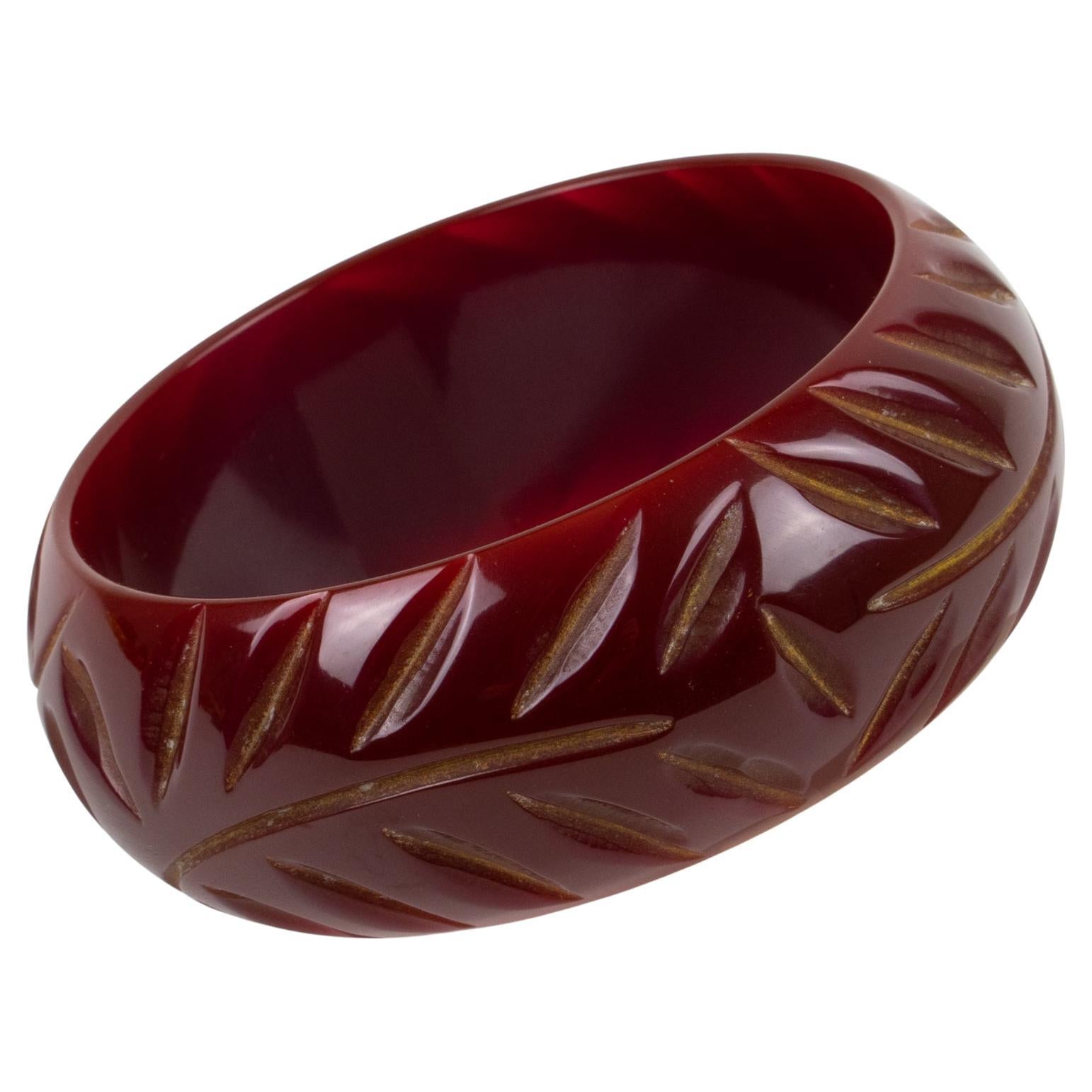 Bakelite Carved Bracelet Bangle Dark Cranberry Red For Sale