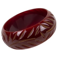 Vintage Bakelite Carved Bracelet Bangle Dark Cranberry Red