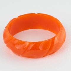 Bakelite Carved Bracelet Bangle Flaming Orange Marble