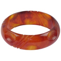 Bakelite Carved Bracelet Bangle in Red Tea Amber Marble Color