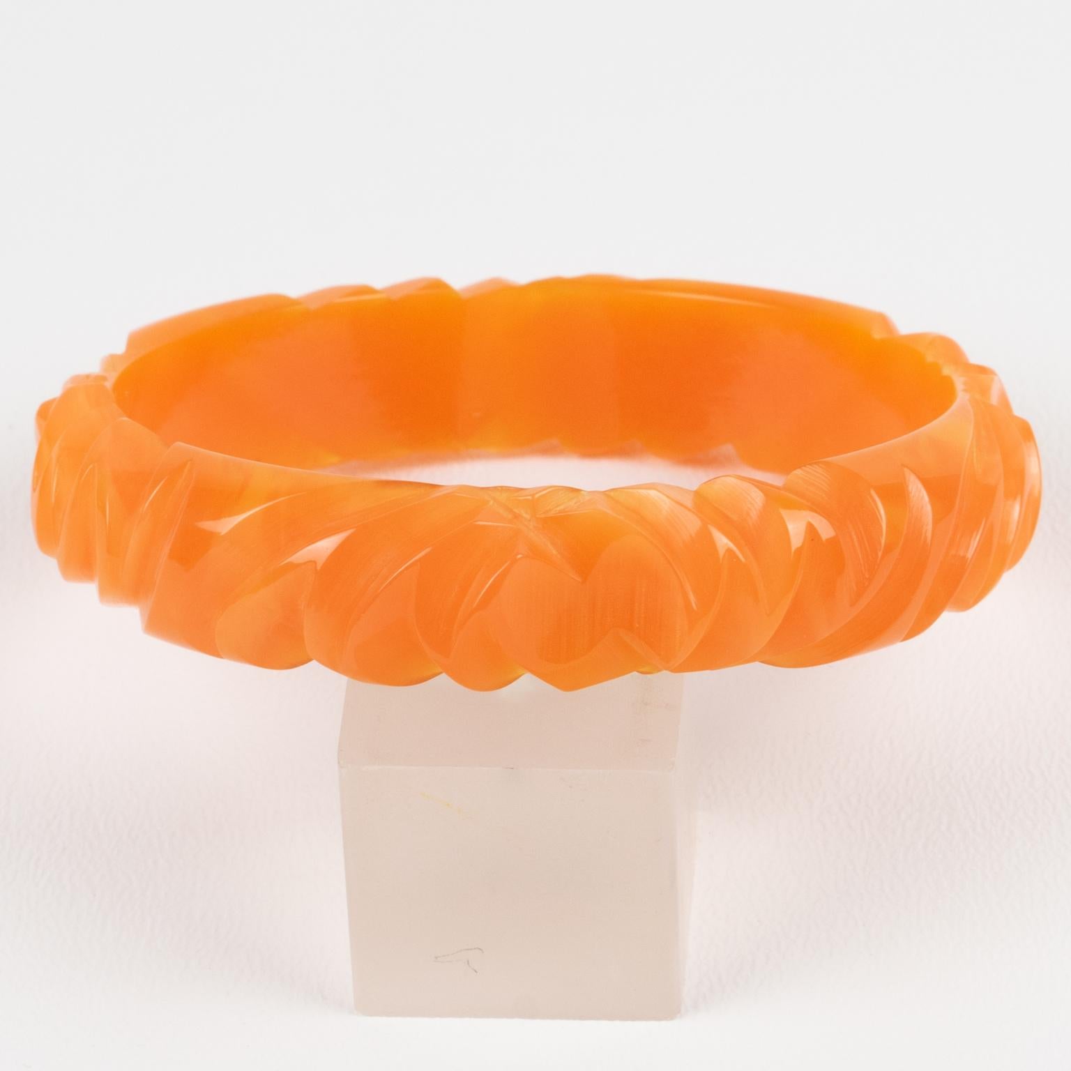 Art Deco Bakelite Carved Bracelet Bangle Milky Orange Papaya For Sale