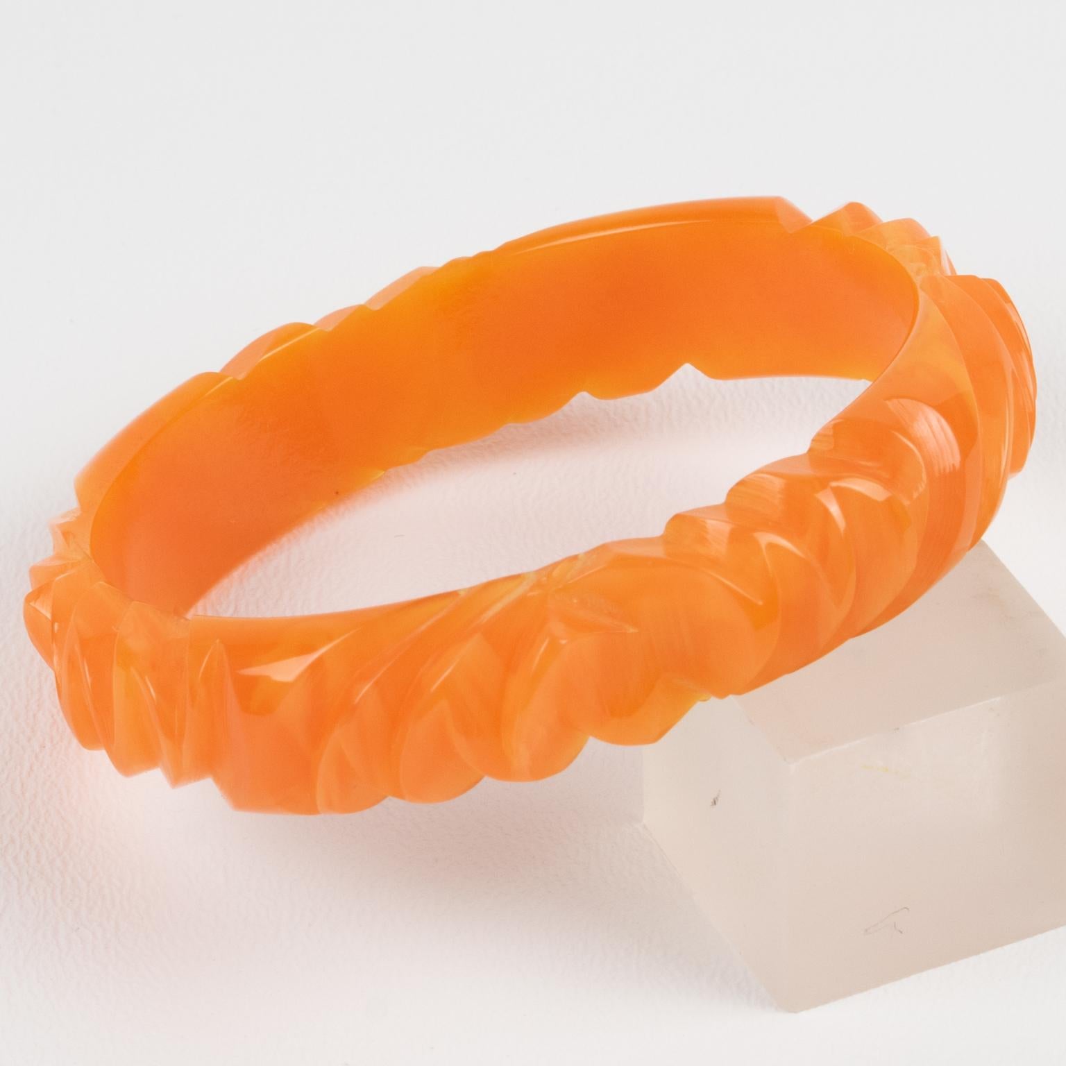 Women's Bakelite Carved Bracelet Bangle Milky Orange Papaya For Sale