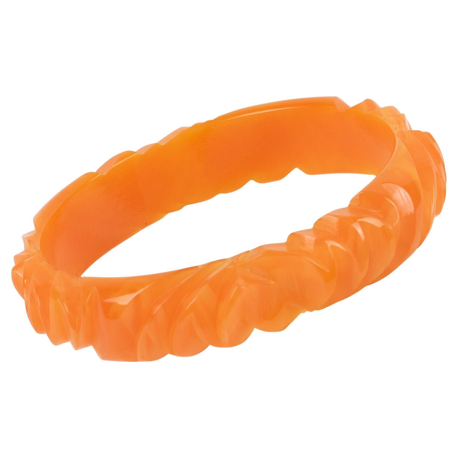 Bakelite Carved Bracelet Bangle Milky Orange Papaya Marble For Sale
