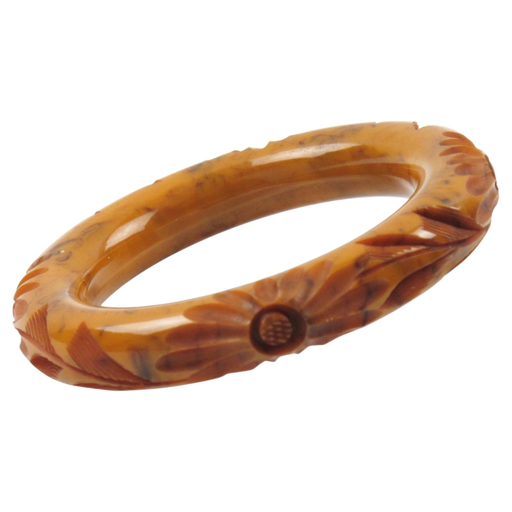 Bakelite Carved Bracelet Bangle Orange Apple Cider and Black Marble For Sale