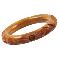 Bakelite Carved Bracelet Bangle Orange Apple Cider and Black Marble