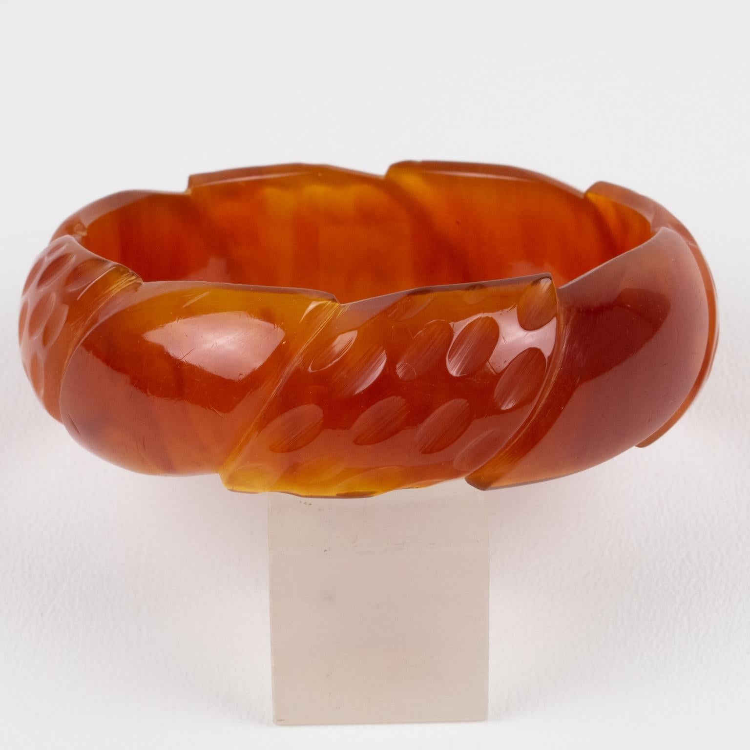 Art Deco Bakelite Carved Bracelet Bangle Red Tea Amber Marble For Sale
