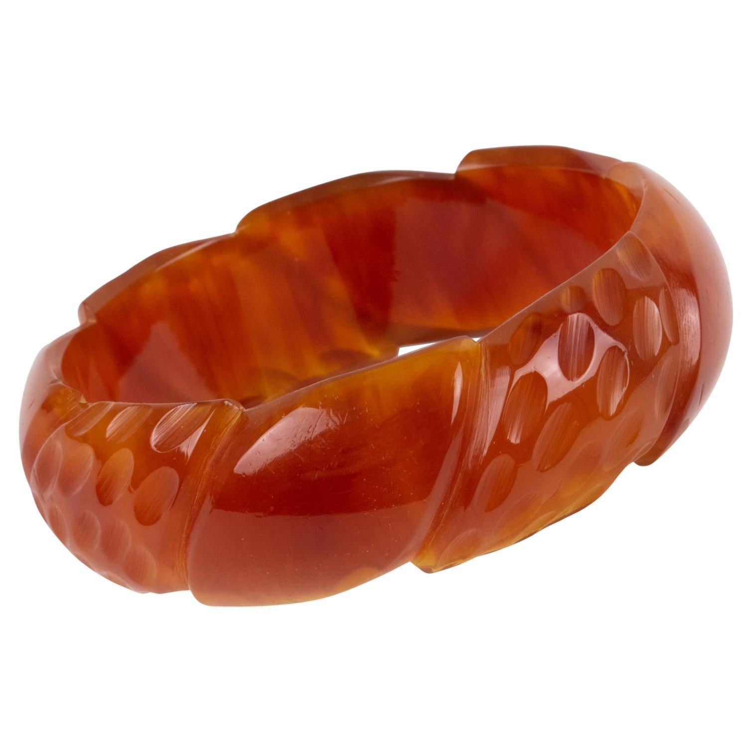 Bakelite Carved Bracelet Bangle Red Tea Amber Marble For Sale