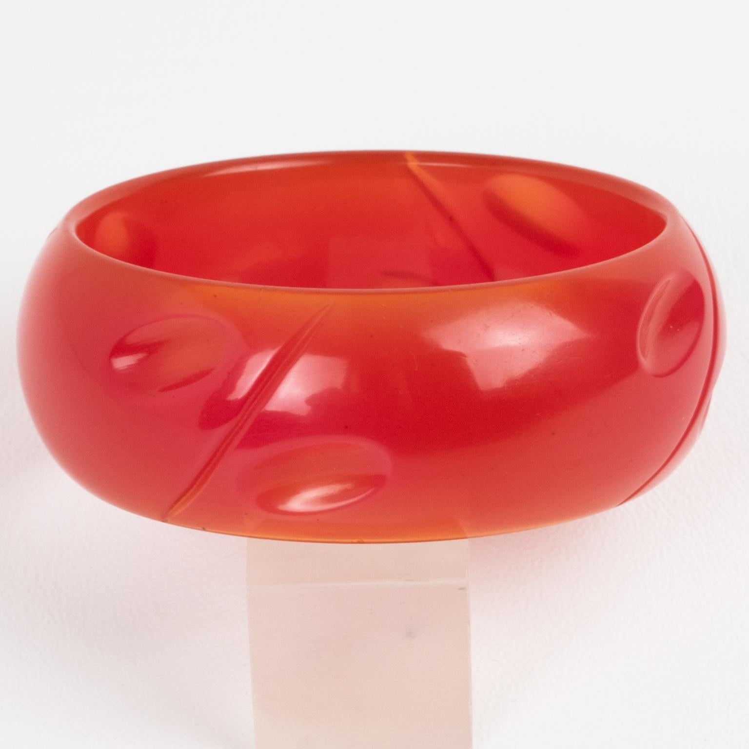 Art Deco Bakelite Carved Bracelet Bangle Translucent Hot Pink Watermelon For Sale
