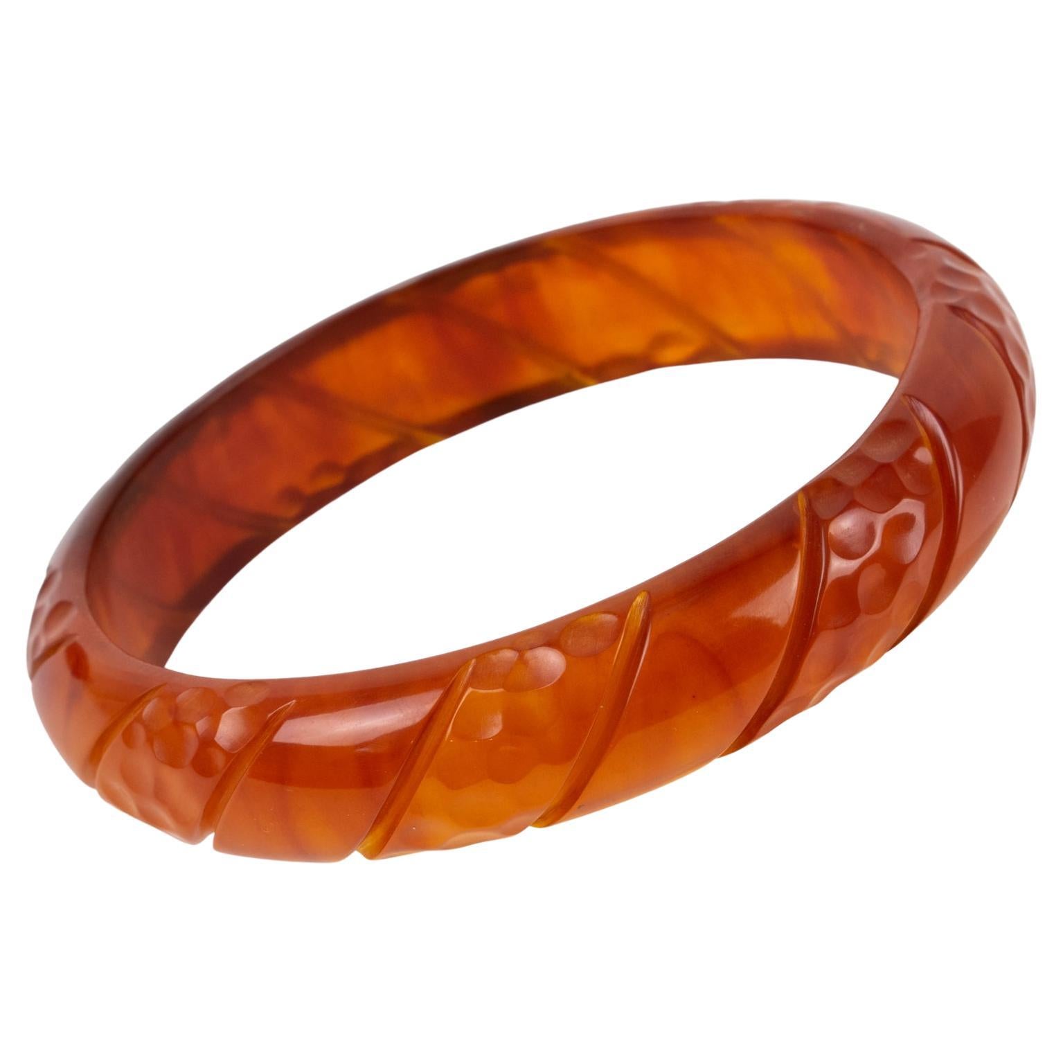 Bakelite Carved Bracelet Bangle Translucent Red Tea Amber Marble For Sale