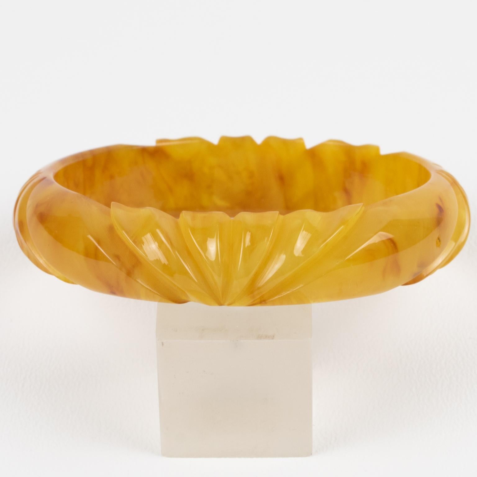 Art Deco Bakelite Carved Bracelet Bangle Yellow Egg Yolk and Red Wine Marble For Sale