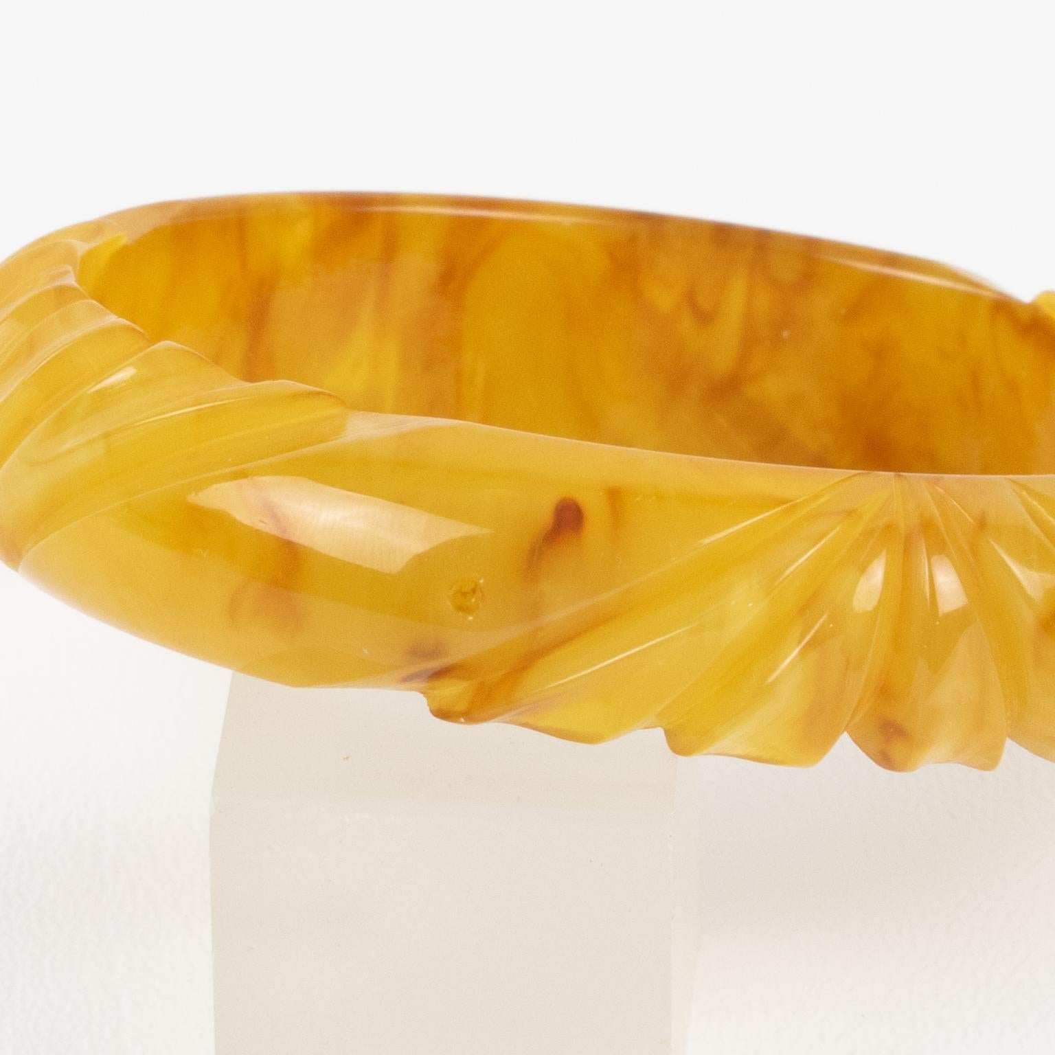 Women's Bakelite Carved Bracelet Bangle Yellow Egg Yolk and Red Wine Marble For Sale