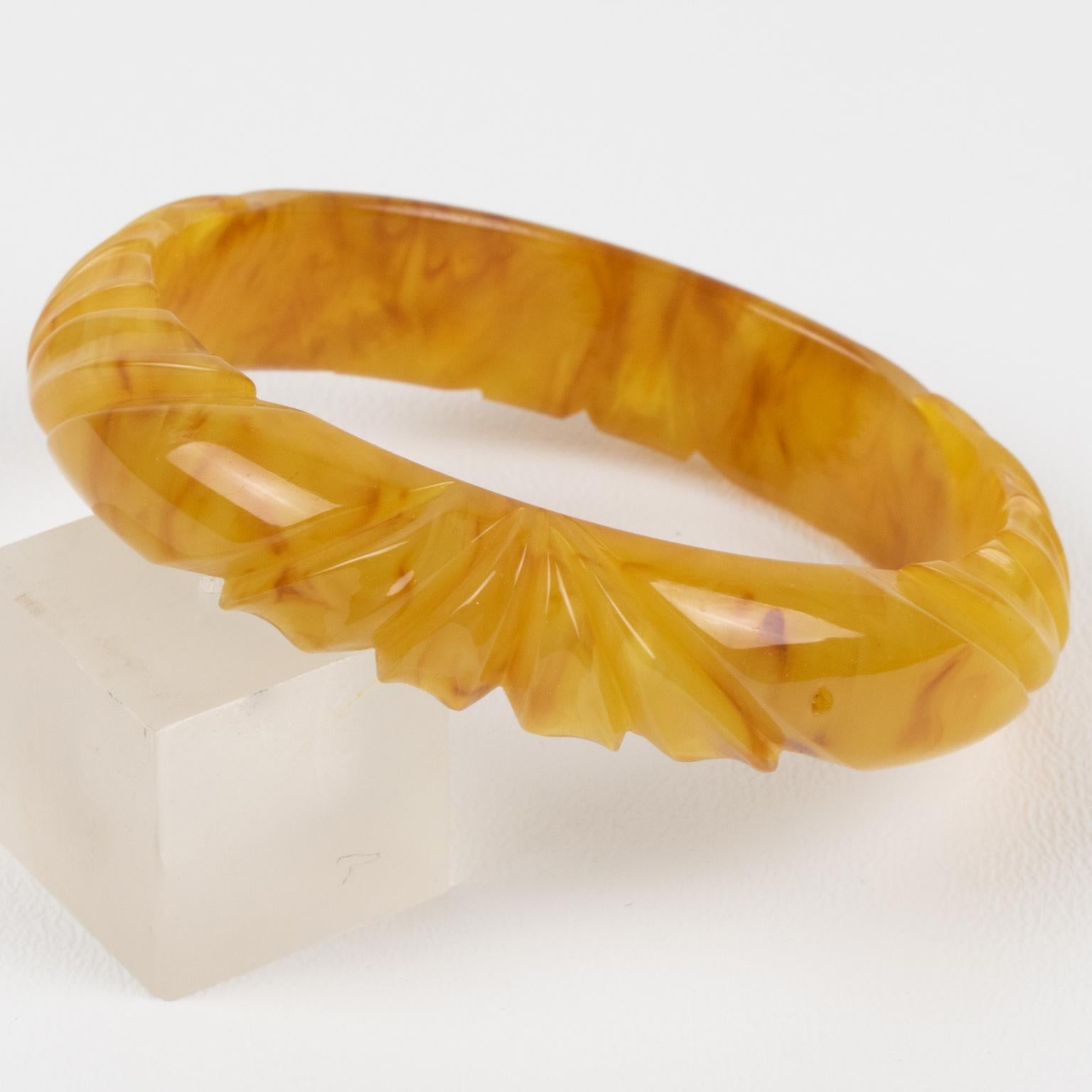 Bakelite Carved Bracelet Bangle Yellow Egg Yolk and Red Wine Marble For Sale 3