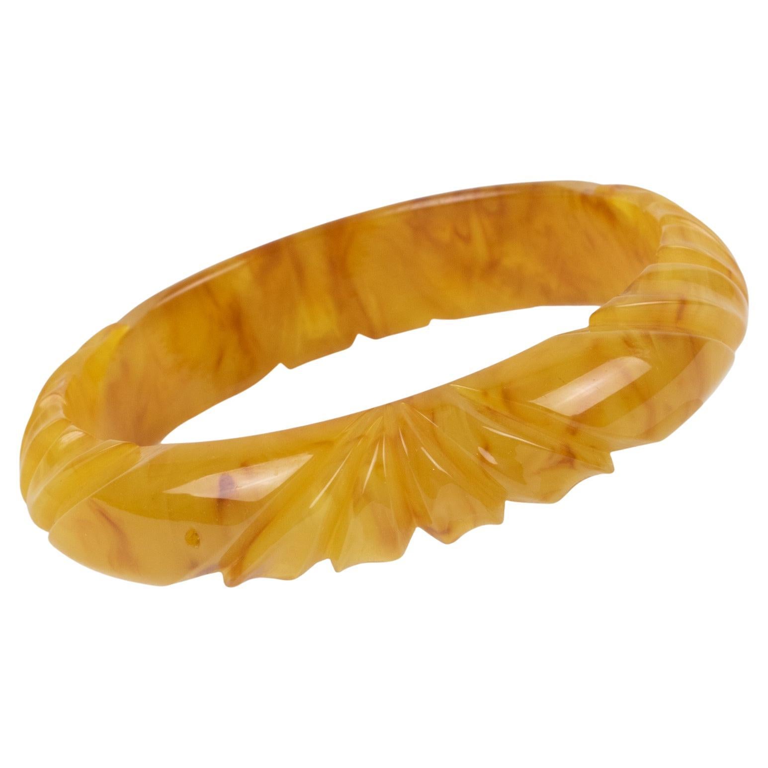 Bakelite Carved Bracelet Bangle Yellow Egg Yolk and Red Wine Marble For Sale