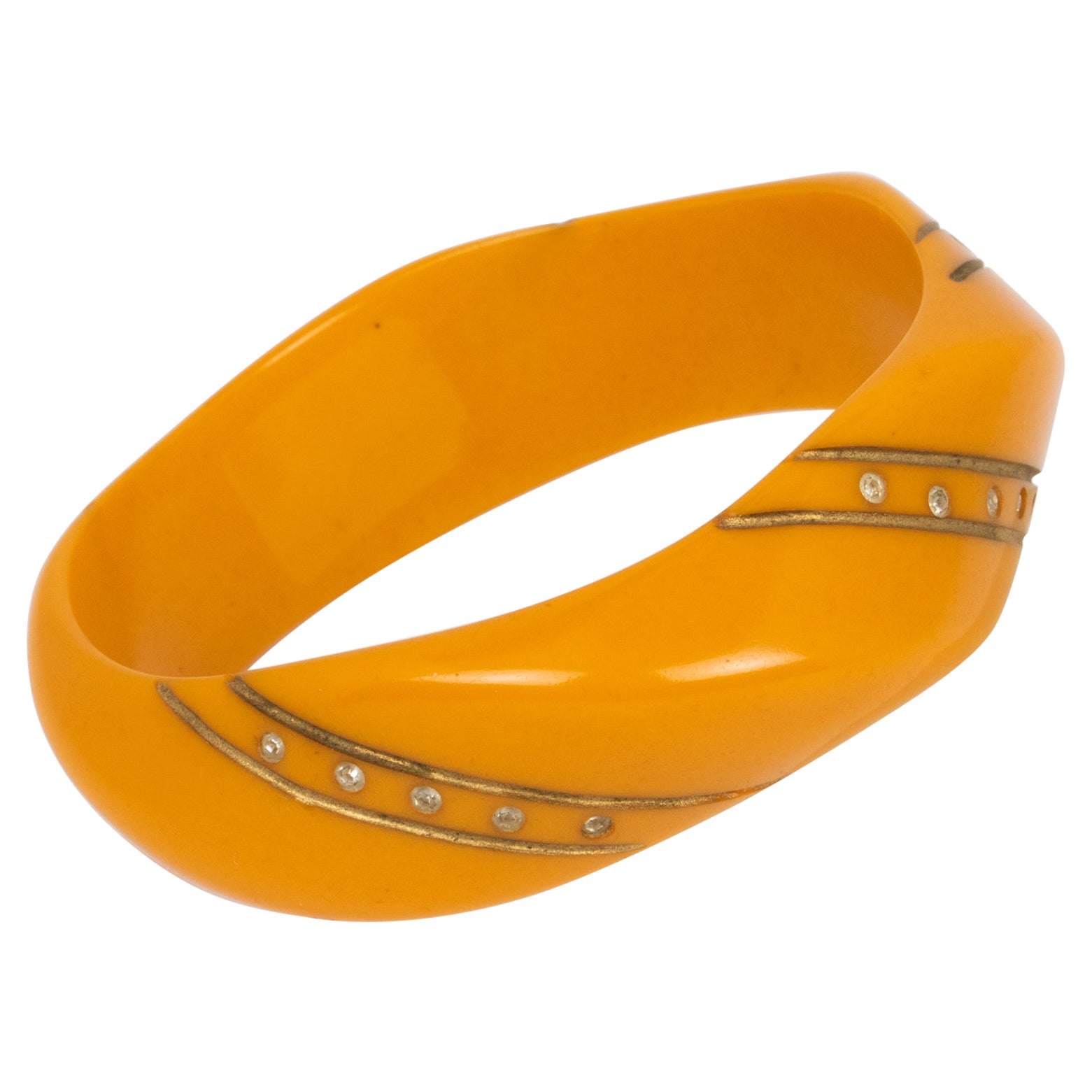 Bracelet en bakélite sculpté en caramel avec strass