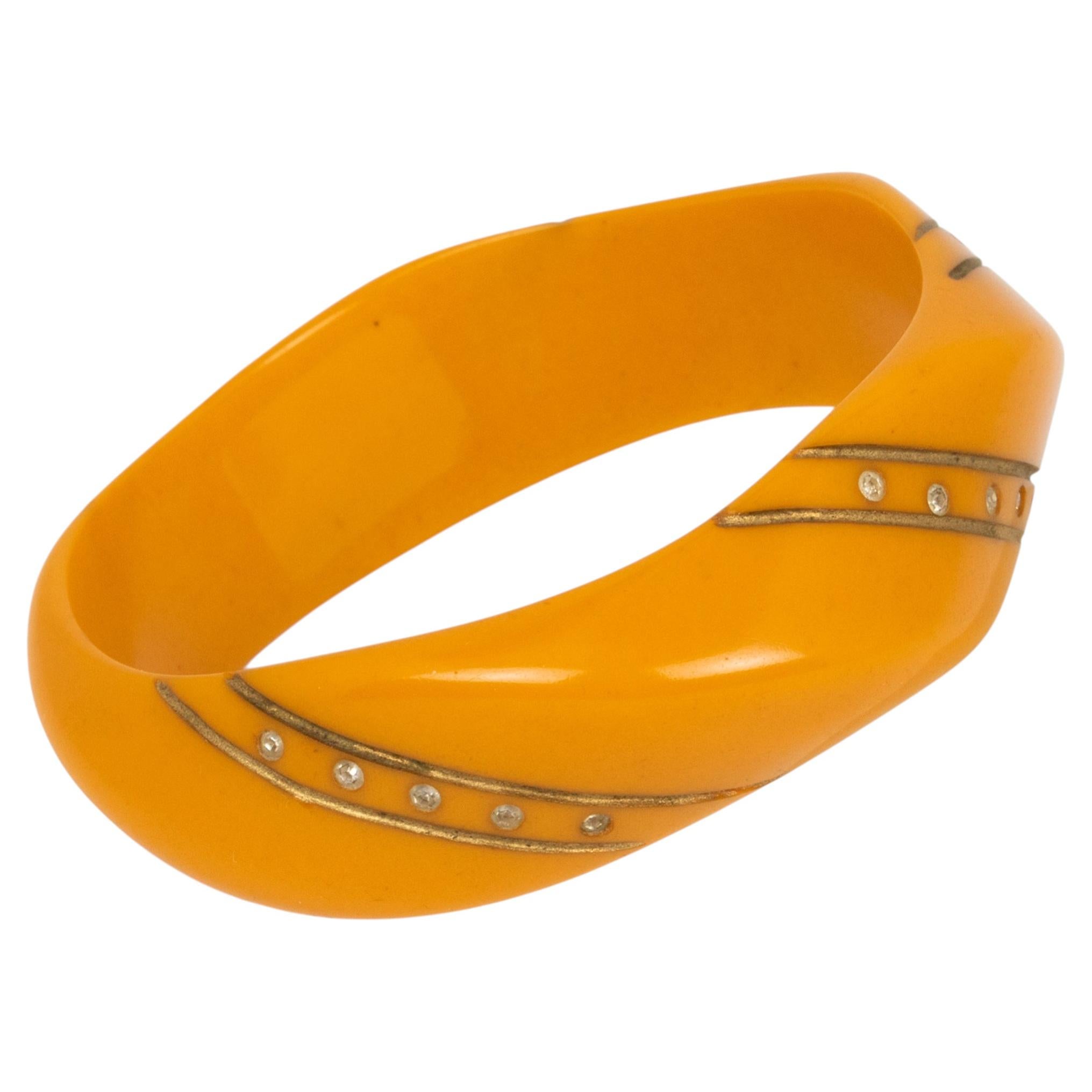 Bakelite Carved Butterscotch Bracelet Bangle with Rhinestones For Sale