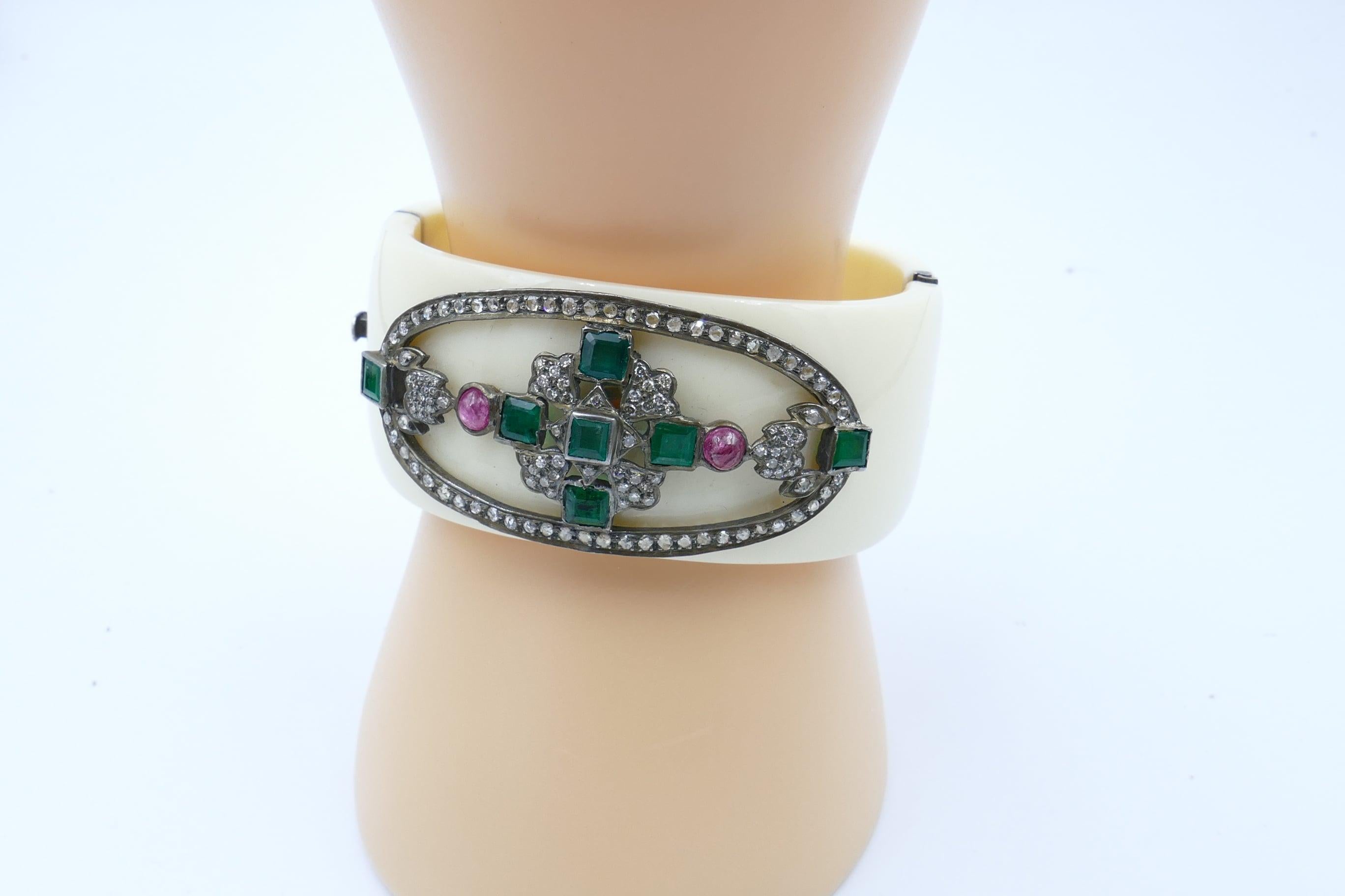 Mixed Cut Bakelite or Celluloid Emerald, Sapphire and Diamond Bangle For Sale