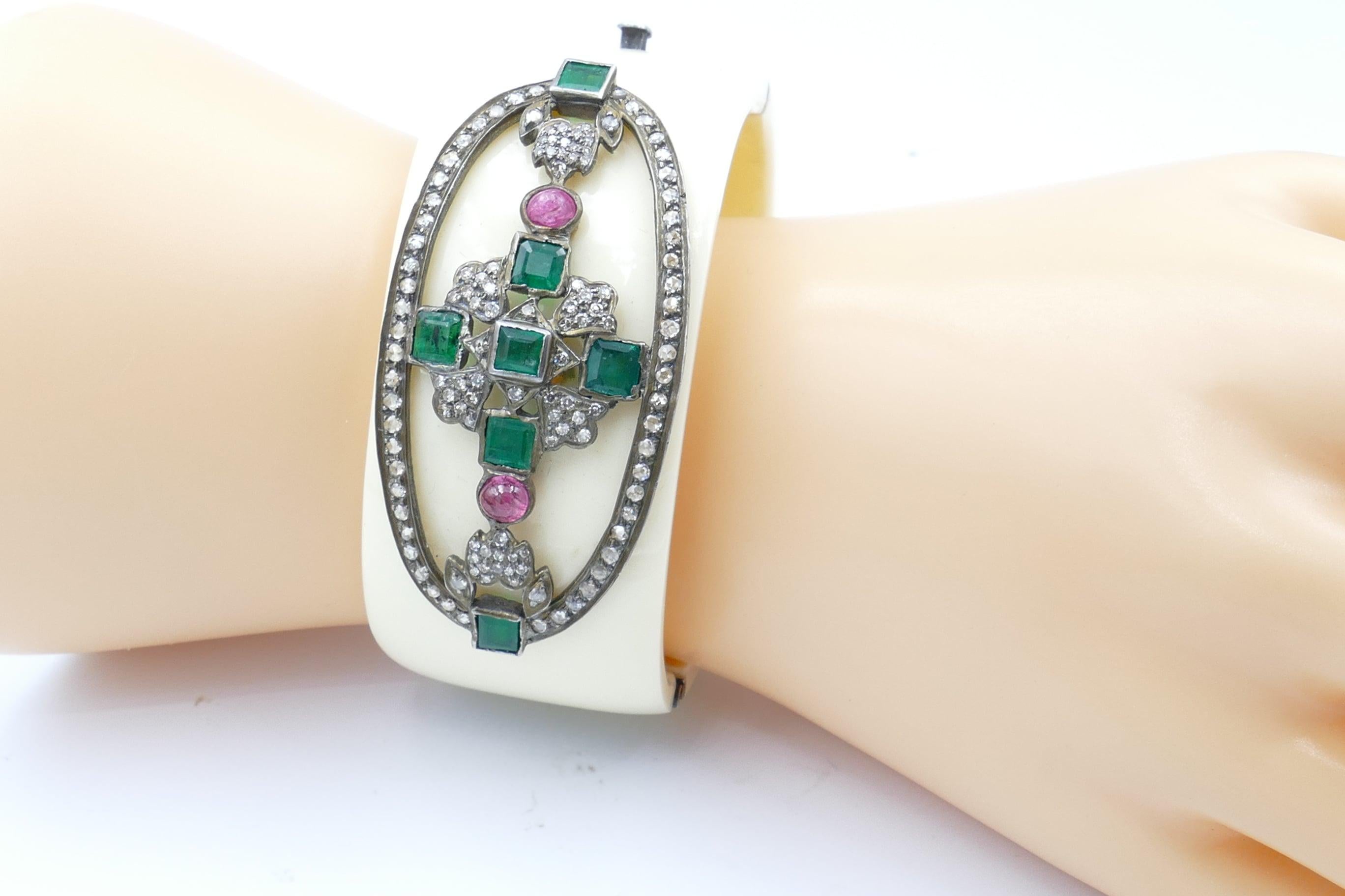 Women's Bakelite or Celluloid Emerald, Sapphire and Diamond Bangle For Sale